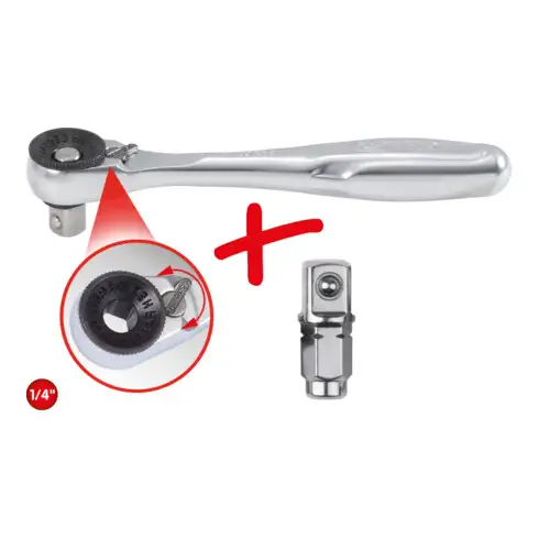 1/4" Cliquet réversible pour embouts avec adaptateur pour douilles 1/4"