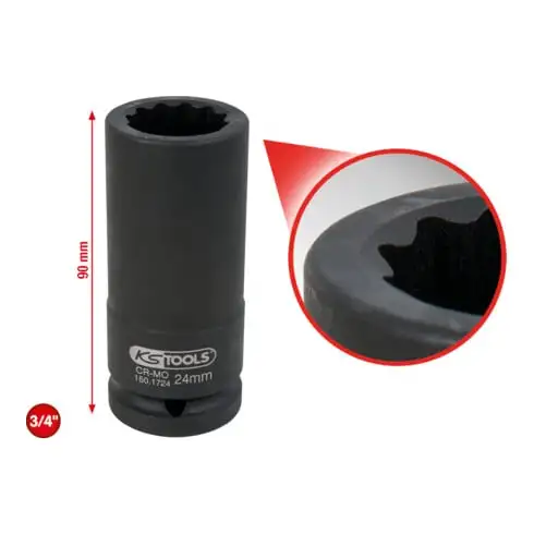 3/4" Douilles à chocs 12 pans pour cardans, longues, 24mm