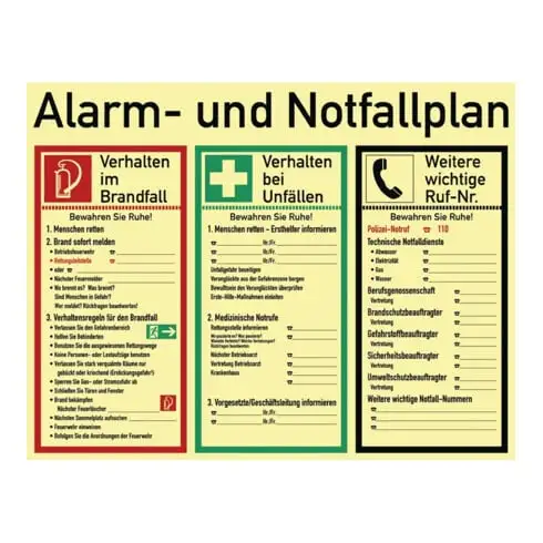 Alarme/plan d'urgence ASR A1.3/DIN 4844-2/BGV A8/DIN 67510 L620xB480mm Ku.
