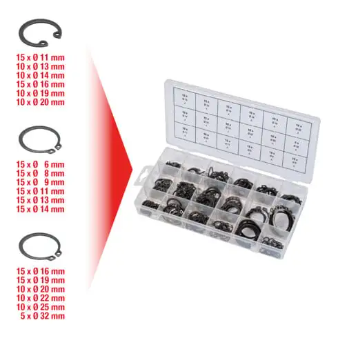 Assortiment de circlips internes et externes, 225 pcs.
