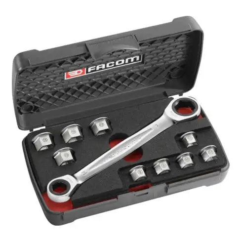 Assortiment de façades "11 en 1" - clé à cliquet, bagues de réduction, boîte en plastique, 10 pièces.