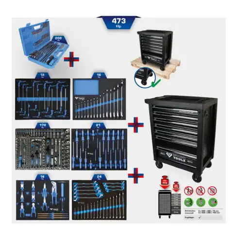 Brilliant Tools Chariot d’atelier avec 7 tiroirs et 473 outils