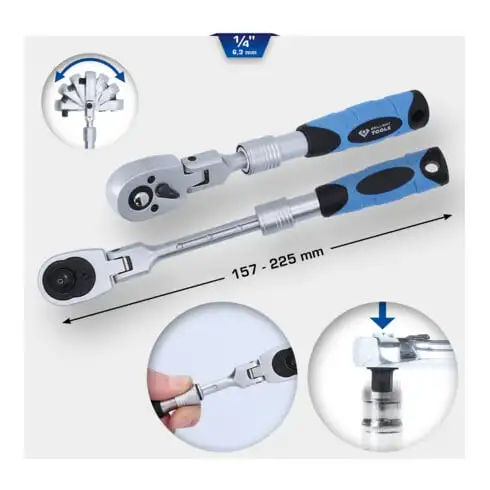 Brilliant Tools Cliquet réversible télescopique 1/4" avec tête flexible (175- 225 mm)