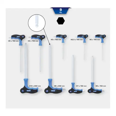 Brilliant Tools Jeu de clés mâles coudées 6 pans creux à tête sphérique à poignée en T, 9 pièces