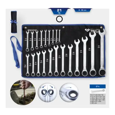 Brilliant Tools Jeu de clés polygonales à cliquet, 21 pcs, 6 - 32 mm