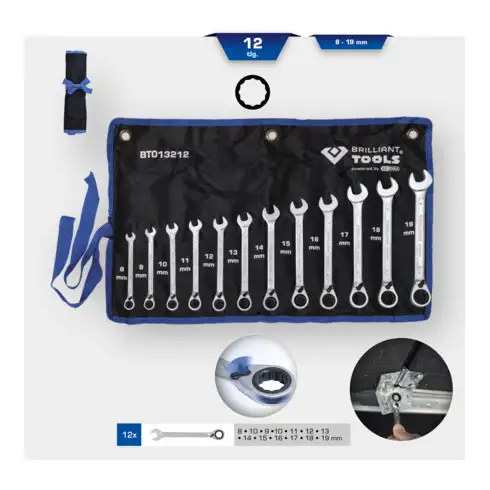 Brilliant Tools Jeu de clés polygonales à cliquet réversible, 12 pcs, 8 - 19 mm