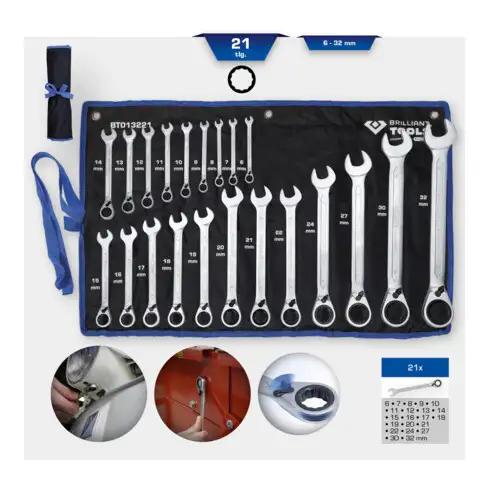 Brilliant Tools Jeu de clés polygonales à cliquet réversible, 21 pcs, 6 - 32 mm
