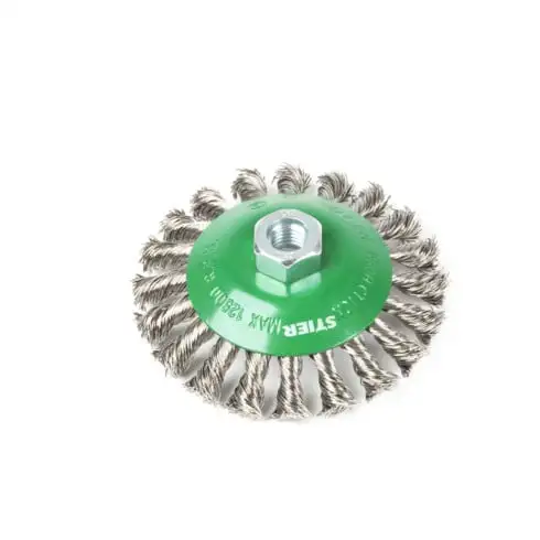 Brosse conique STIER Ø 115 mm, M14, 0,5 mm, torsadée, acier inox V2A
