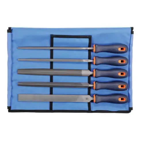 DICK Jeu de limes avec manche bimatière, 5 pièces, dans une trousse Métallurgie, taille 2, Longueur sans queue : 250 mm