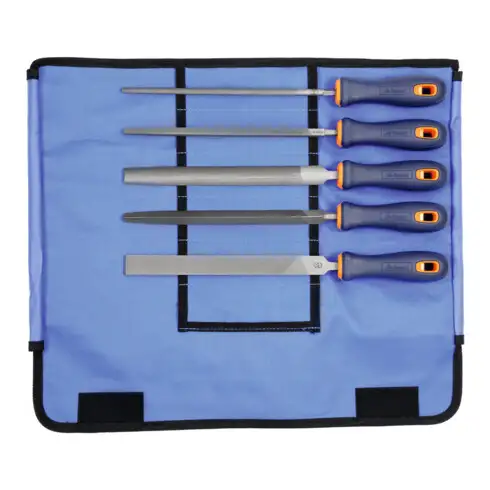 DICK Jeu de limes avec manche bimatière, 5 pièces, dans une trousse Métallurgie, taille 2, Longueur sans queue : 300 mm