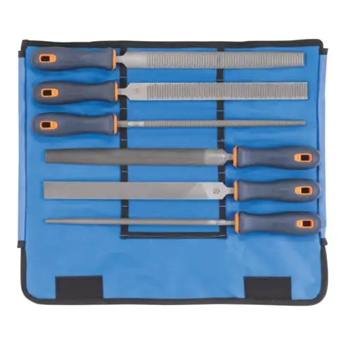 DICK Jeu de limes avec manche bimatière, 6 pièces, dans une trousse Métal/bois, taille 2, Longueur sans queue : 250 mm