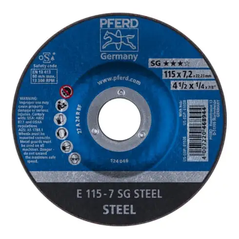 Disque à ébarber SG STEEL D115xS7,2mm contrecoudé acier perçage 22,23 mm PFERD