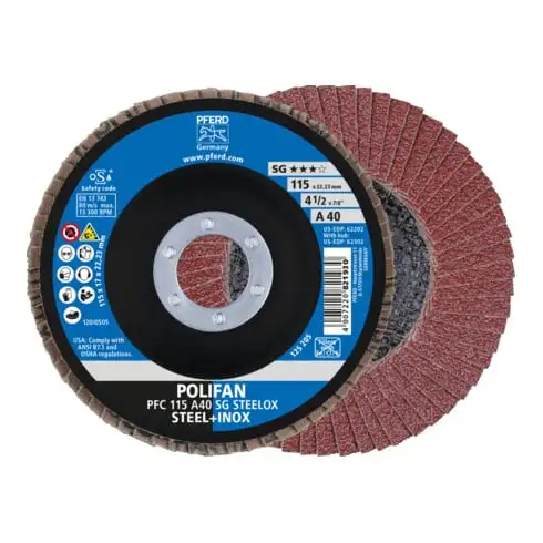 Disque à lamelles POLIFAN® A SG STEELOX D. 115 mm granul. A-40 conique acier/boi