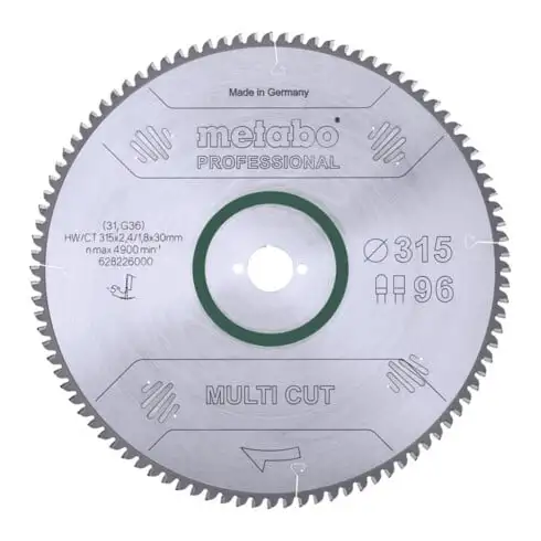 Lame de scie circulaire HW/CT 315 x 30 x 2,4/1,8, nombre de dents 96, denture plate/denture trapézoïdale, angle d'attaque 5° nég. metabo