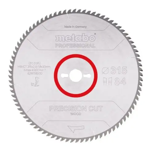 Lame de scie circulaire HW/CT 315 x 30 x 2,8/1,8, nombre de dents 84, affûtage en biseau alterné, angle d'attaque 10° metabo